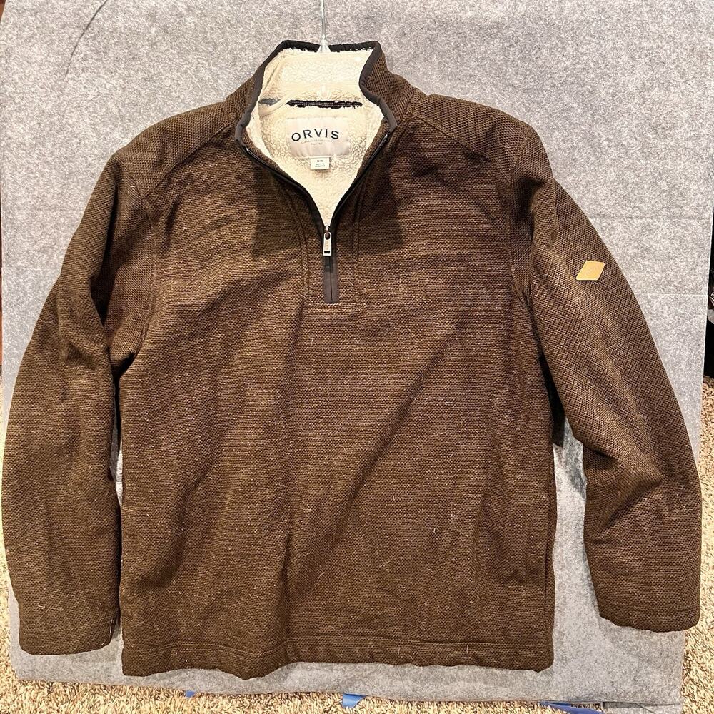 Vtg Orvis Sherpa Fleece Lined Pullover‎ 1/4 Zip Sweater Shirt M Brown Nearly New